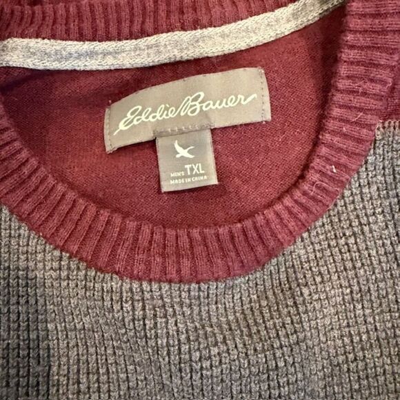 Eddie Bauer Merino Wool Blend Sweater with waffle knit Front Burgundy Gray XLT - Picture 6 of 13